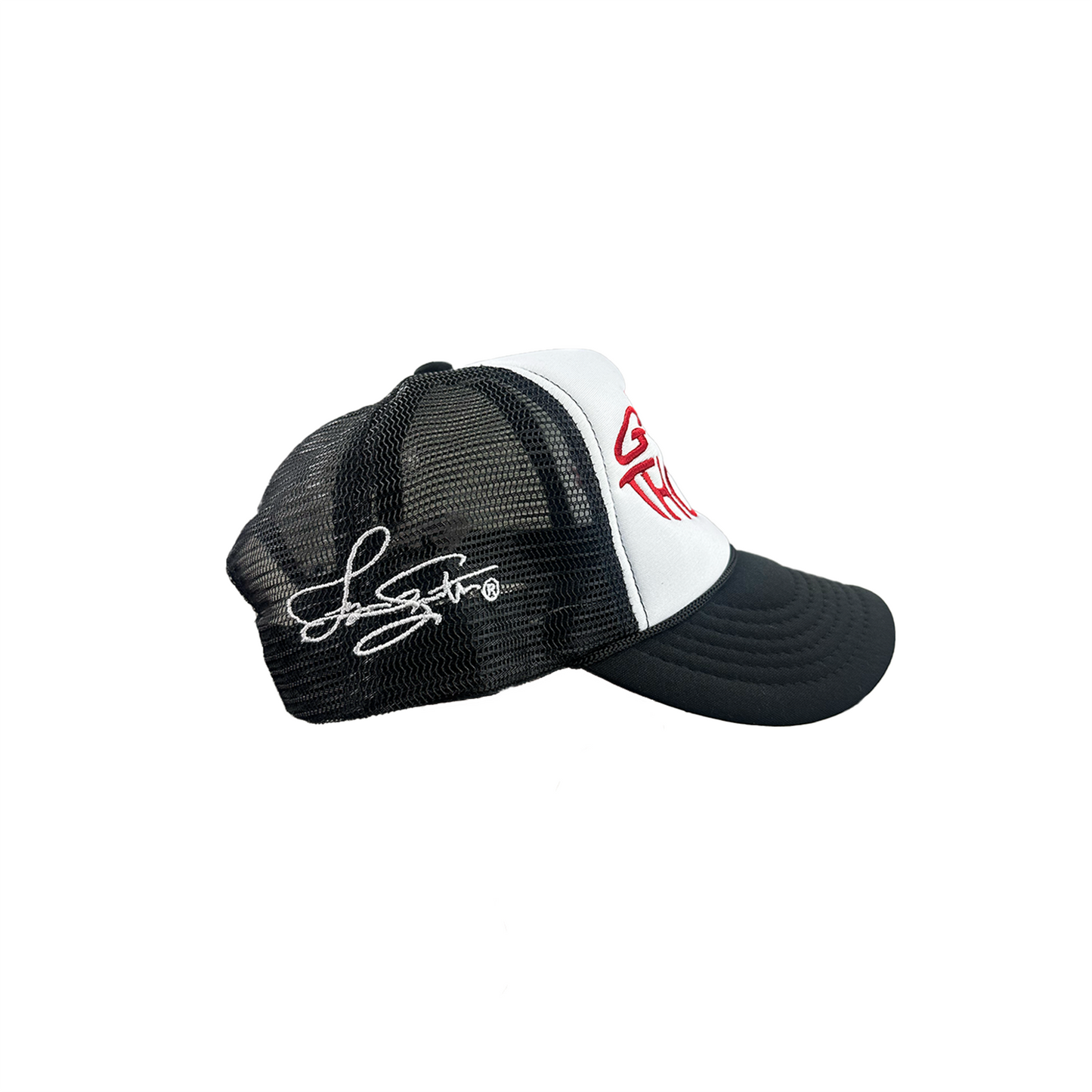 CHERRY RED THINK GOOD THOUGHTS TRUCKER HAT