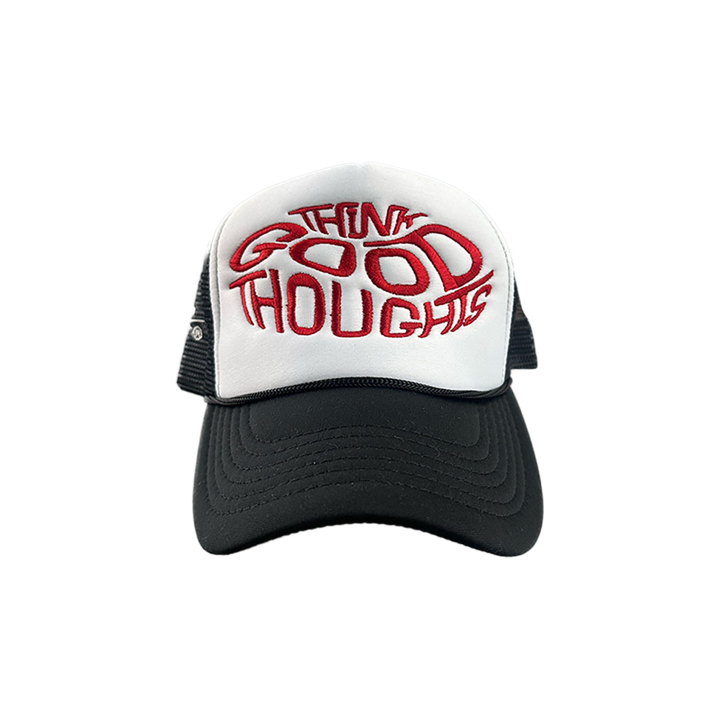 CHERRY RED THINK GOOD THOUGHTS TRUCKER HAT