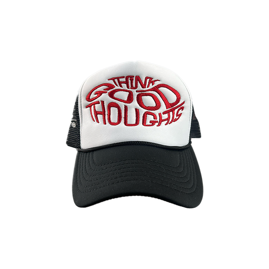 CHERRY RED THINK GOOD THOUGHTS TRUCKER HAT